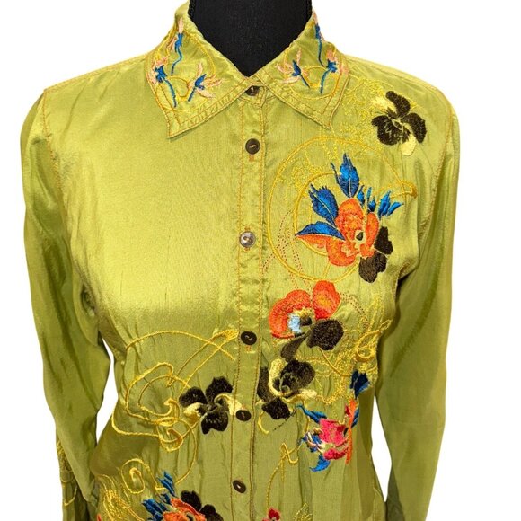 Vintage Inspired Johnny Was Green Floral Embroidered 100% Silk Button-Up Shirt S - Picture 2 of 9